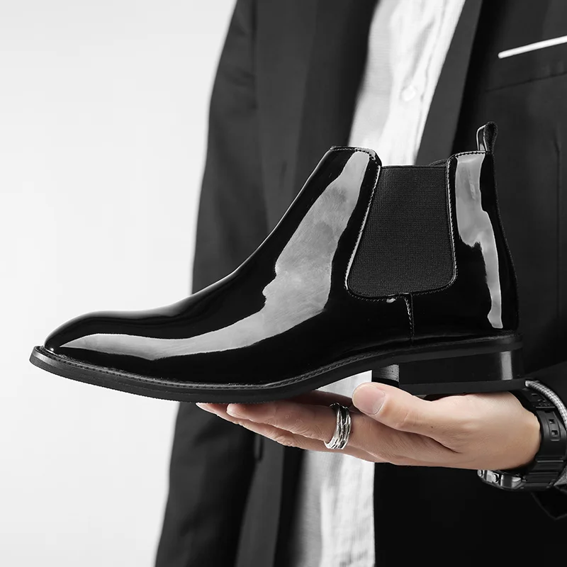 Chelsea Boots for Men Patent Leather Black Buckle Ankle Round Toe Business Classic Handmade Men Short Boots Botas De Hombre