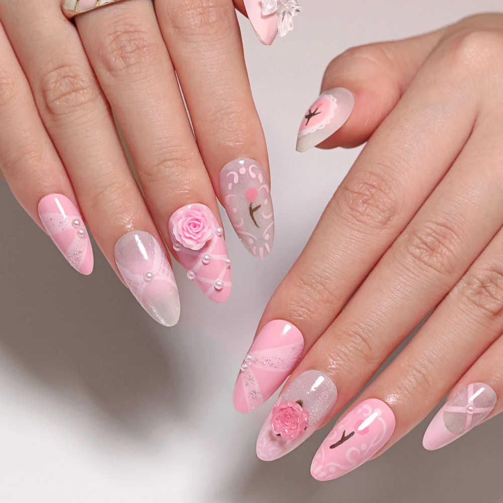 24Pcs Kawaii Short Almond Full Cover False Nails Sweet Cute Pink 3D Flowers Bowknot Pearl Design Gradients French Press On Nails