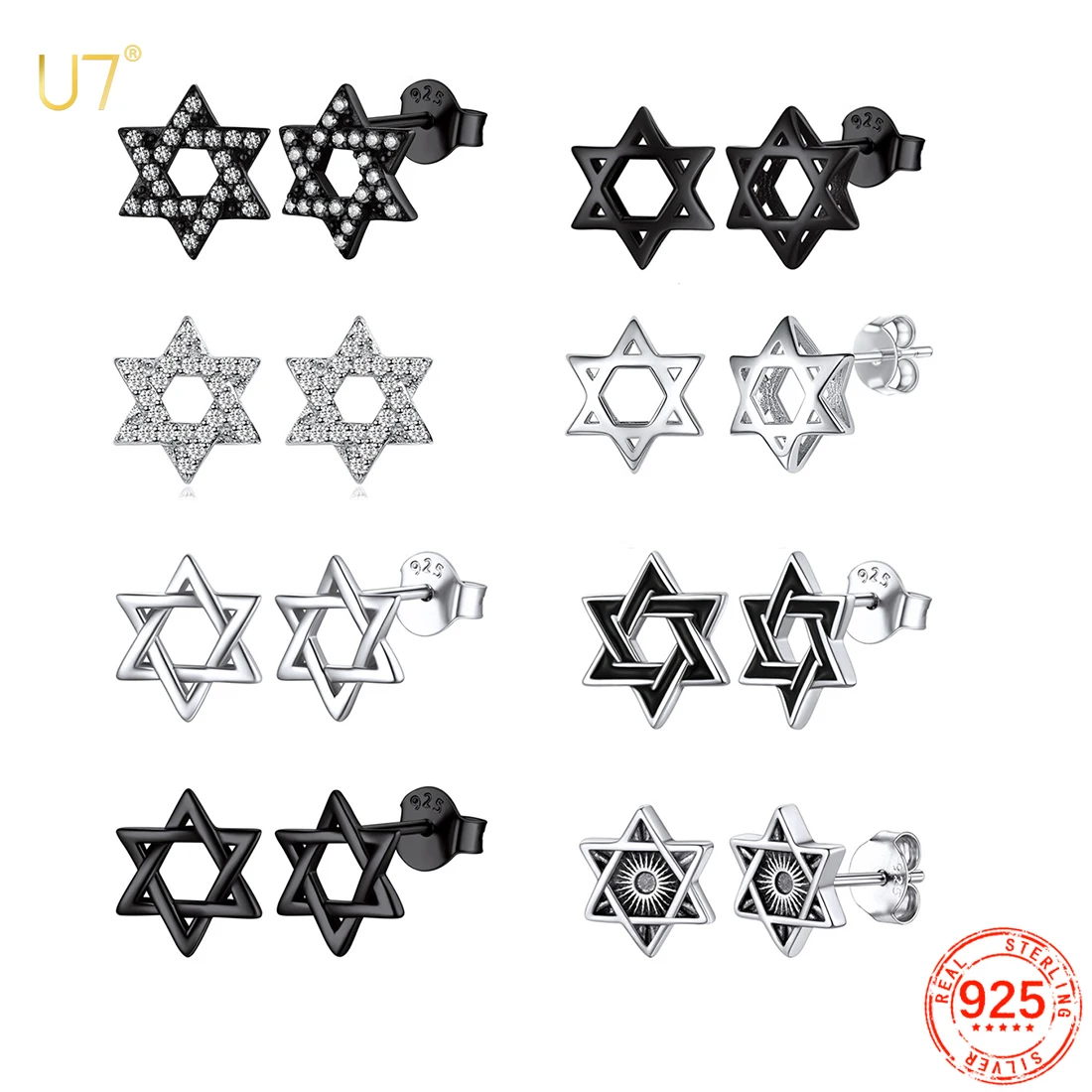 U7 Magen Star of David Stud Earrings for Women Man White CZ Black Enamel 925 Sterling Silver Dainty Unisex Jewelry