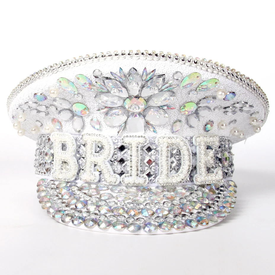

Luxury White Sequins & Rhinestone Bridal Captain Hat Fashion Club Party Cosplay Headwear Rave Rock Festival Carnival Accessories