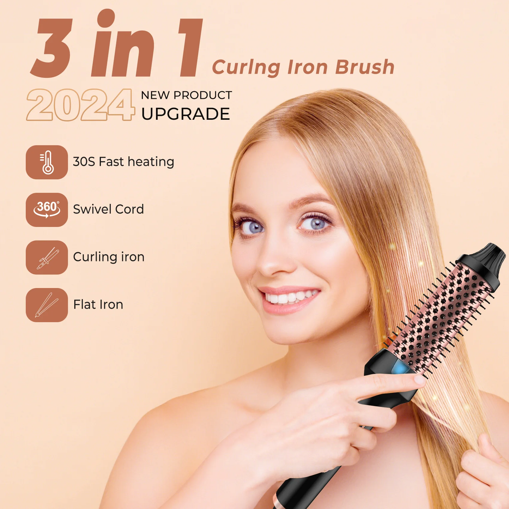 Heated Styling Brush 3-in-1 Ionic Hair Curler/Straightener with Anti-Scald Electric Curl Wand Curling Iron Hair Styling Tools