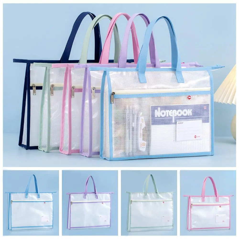 with Zipper and Handle A3 Project Bag Large Capacity Mesh PVC Mesh Art Bag Thickened Waterproof Storage Office Supplies