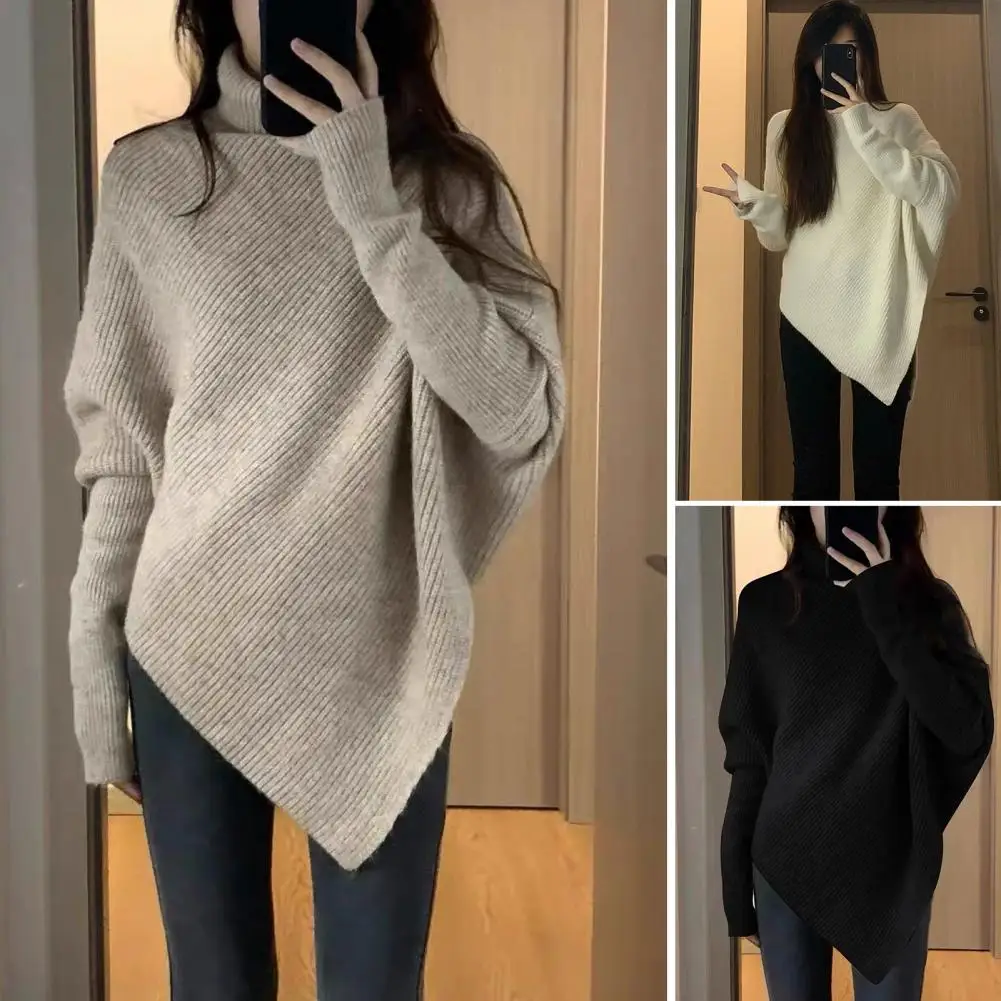

Irregular Turtleneck Sweater Women Baggy Fashion Design Pullover Knitwear French Solid Color Thickened Loose Knit Jumper Sweater
