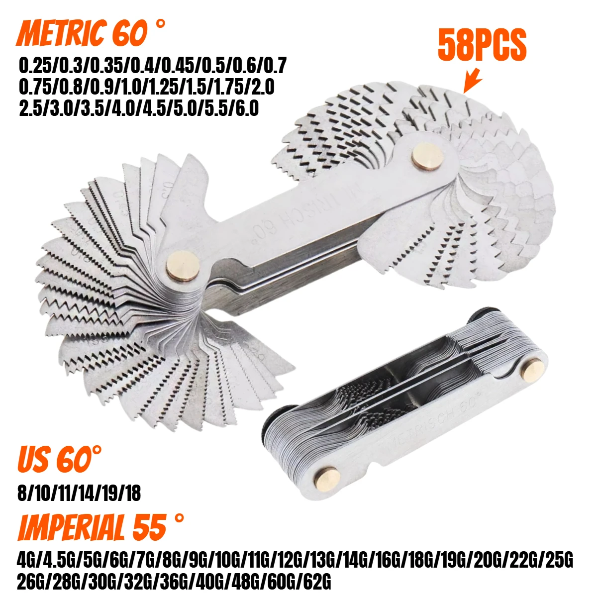 Metric British US 58 PCS Blade Thread Gauges 55 Degree and Metric 60 Degree Thread Pitch Gauges Used for Measuring Tools
