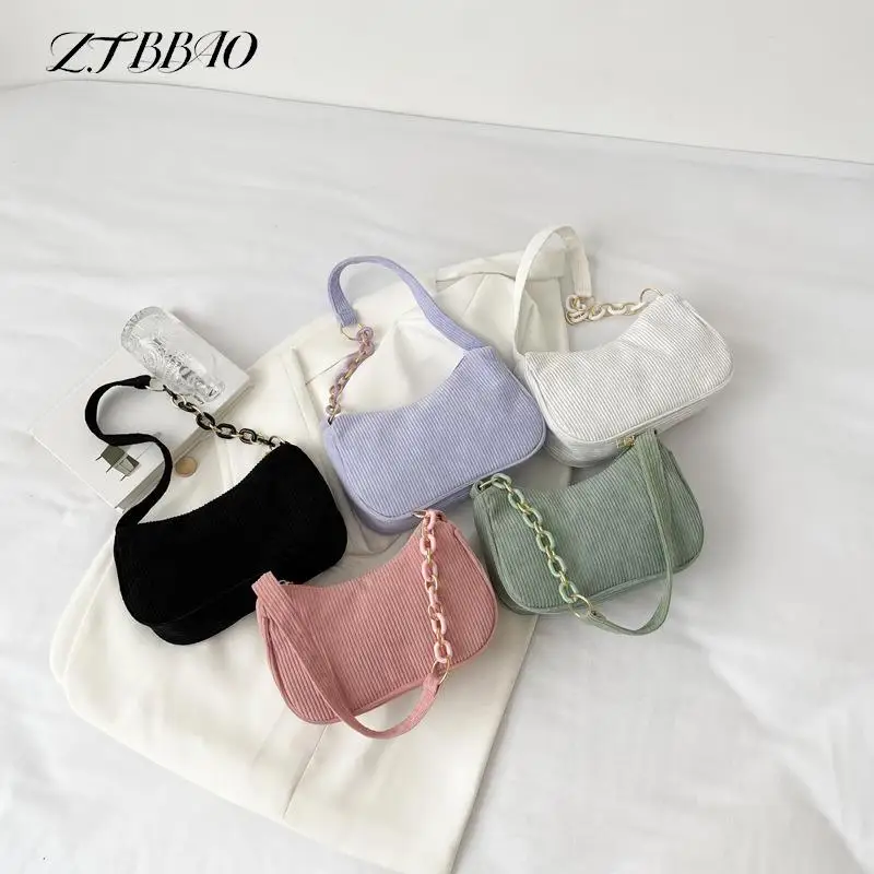 

Fashion Corduroy Underarm Bag Vintage Women Handbags Casual Women Shoulder Bags Solid Color Zipper Female Handbag Clutch