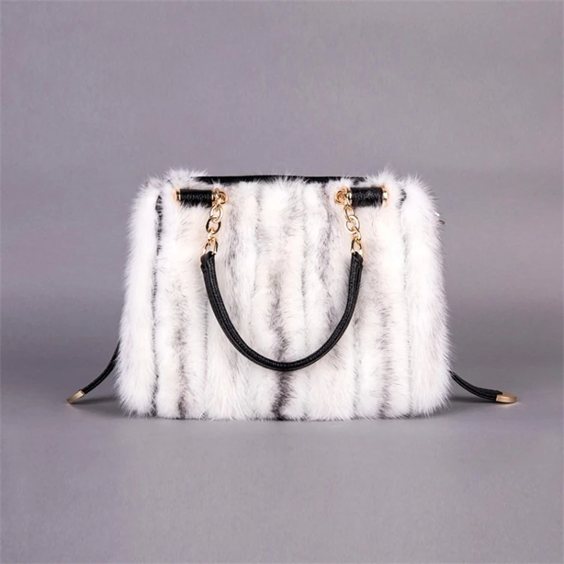 Women's Real Fur Luxury Shoulder Bag High Quality Natural Mink Fur Handbag Large Capacity New Cross Body Leather Bag