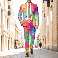 Men'S Suit Set Letter Graphic Suits Valentine'S-Day Lover Blazers 2-Pieces Boyfriend Suit-Pant Festive Slim Terno Masculino
