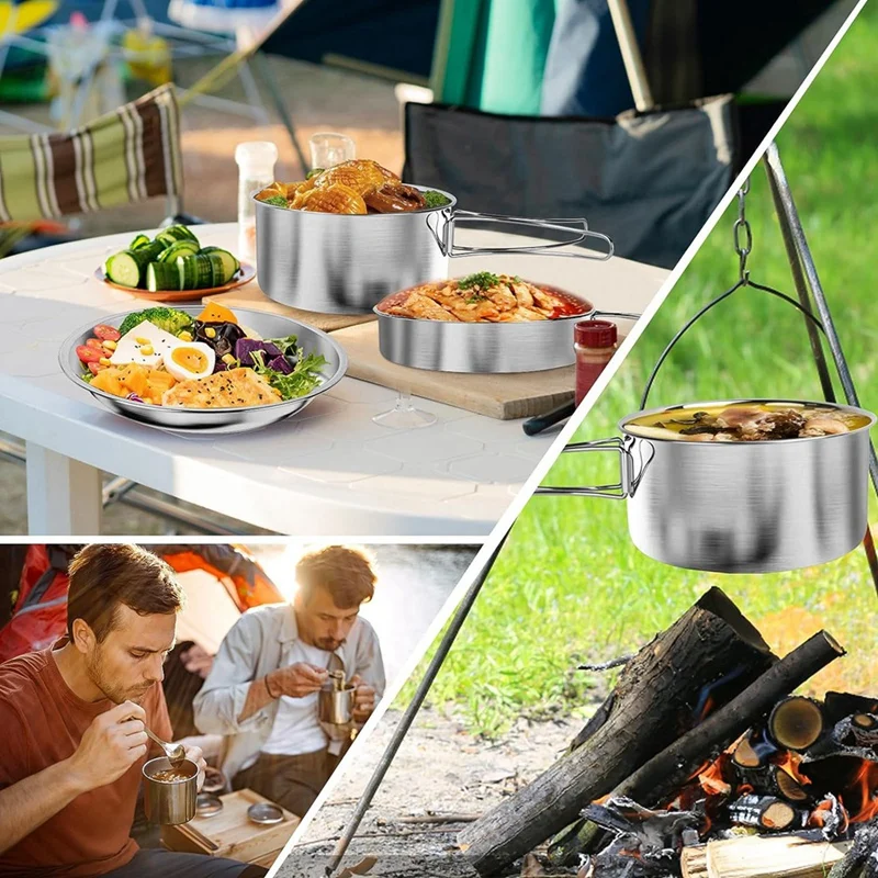 실버 스테인레스 스틸 캠핑 조리기구 세트, 휴대용 야외 식기 세트, 접이식 및 쌓을 수 있는 냄비 세트