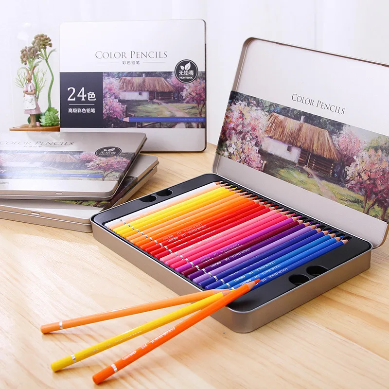 DELI Colored Pencil 24 - 72 Color Pencil Set Iron Box Packing Gift