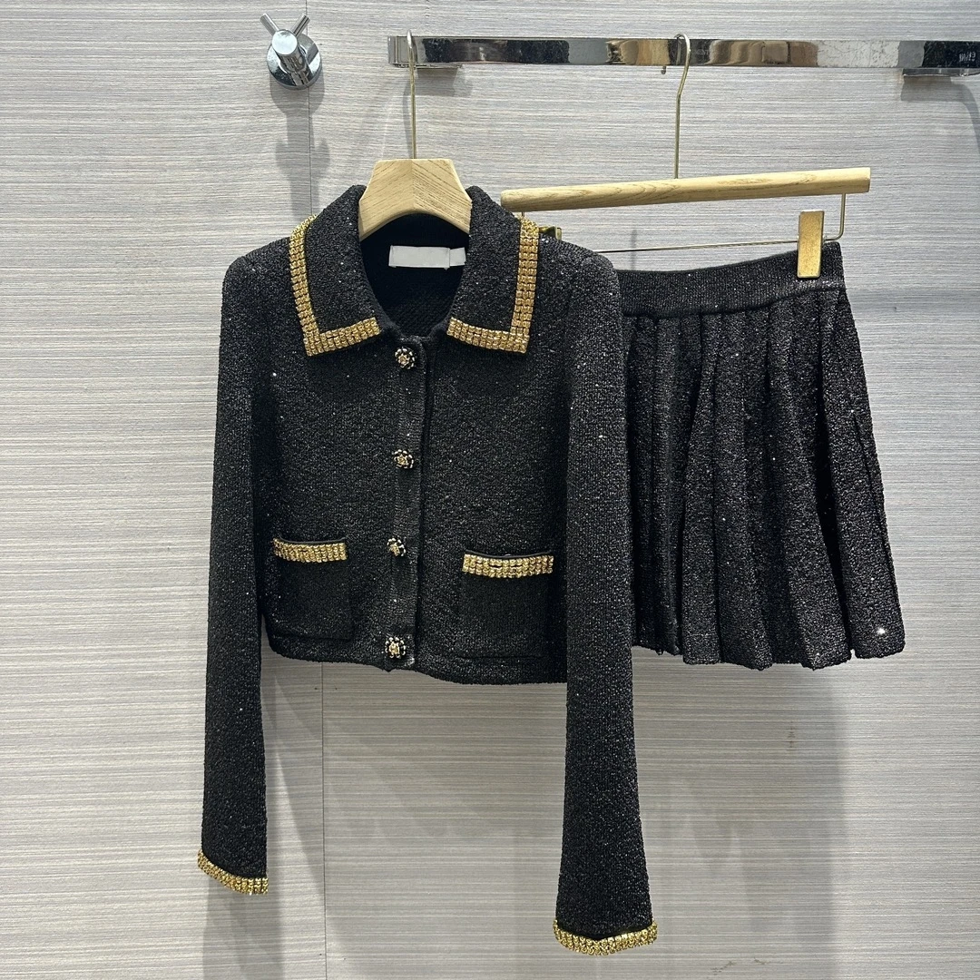 

Celebrity bling sequins rhinestone beading women knitted skirt set pockets turn down collar cardigan + pleated mini skirt 1109