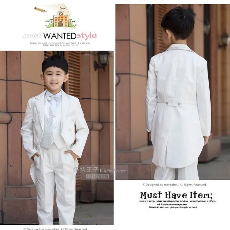 Elegant Fashion Children White Tuxedo Set Costume Birthday Fashion Casual Brand Formal Boy Wedding Suits Blazers 5PCS Set
