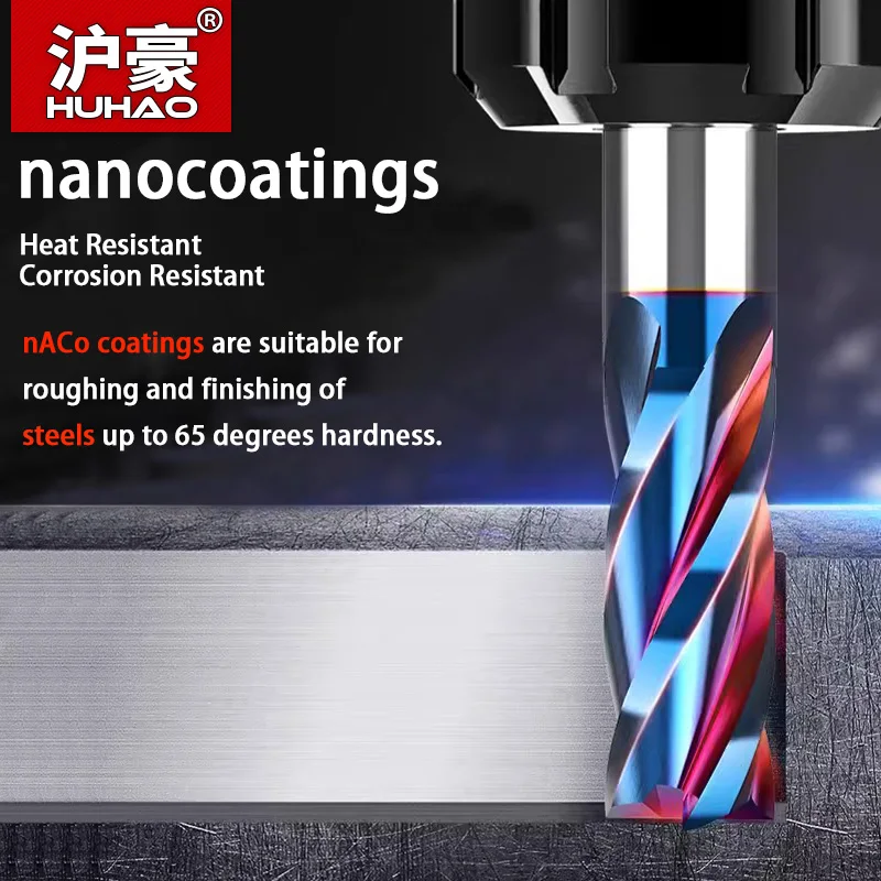 HUHAO Milling Cutter 8mm Metal Aluminum CNC Machining Tools 4 Teeth Carbide  Stainless End Mill HRC65 Nano Coating Endmills