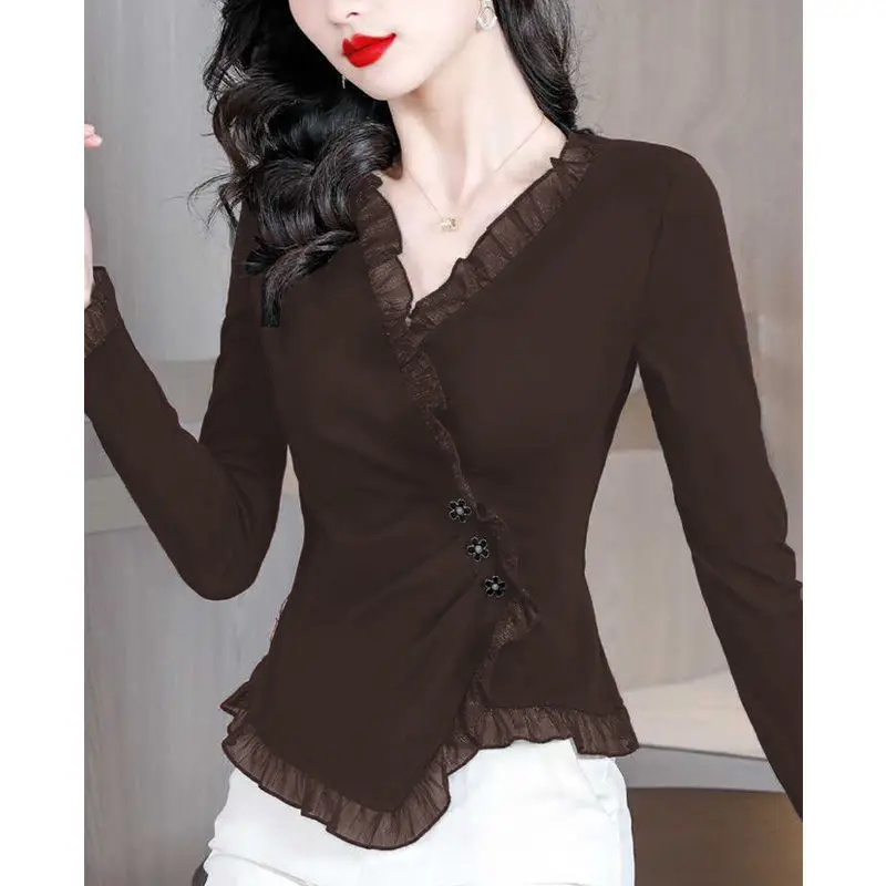 Spring Autumn New Women's Fashion Elegant Solid Color V-Neck Casual All-match Long Sleeve Slim Ruffles Button Shirt Tops