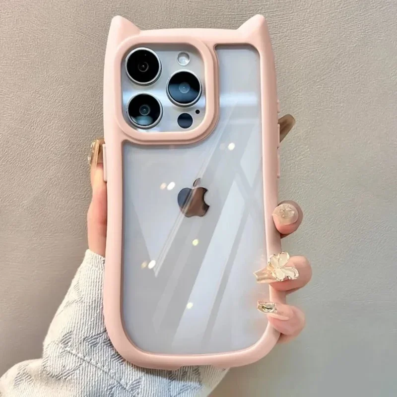 

Soft Silicone Cute Cat Ear Phone Case For iPhone 11 12 13 14 15 Pro Max Transparent Shockproof Hard Acrylic Bumper Back Cover