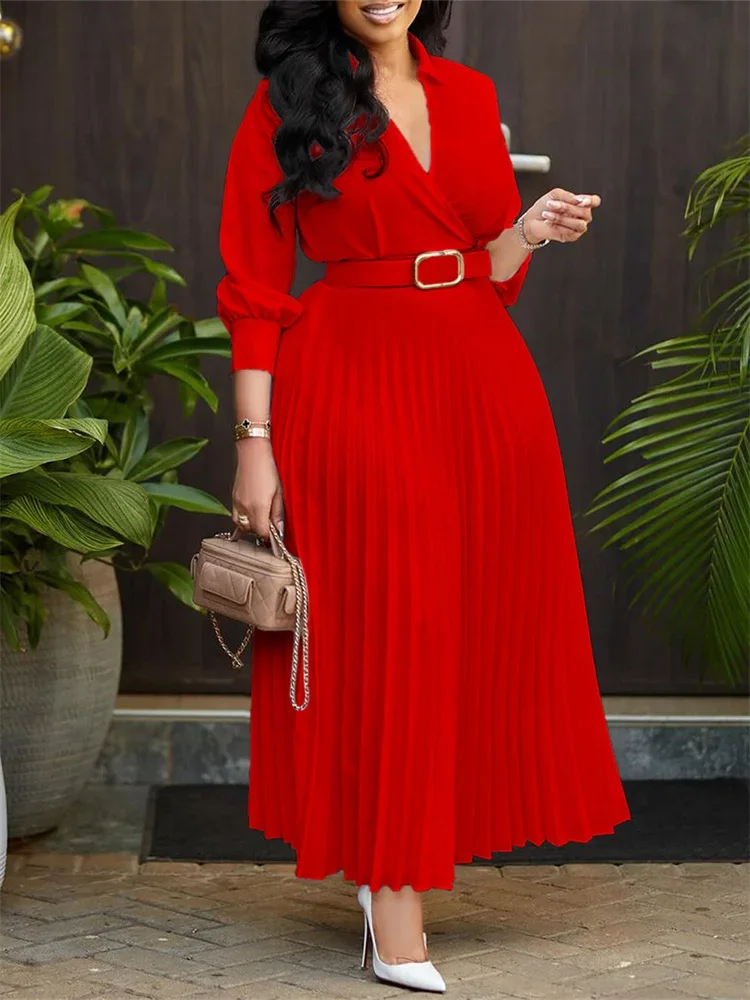 Wmstar Women Dress Spring New Solid Color Matching  V Neck Long Sleeve Fashion Commuting Slim Maxi Length Dresses with Belt