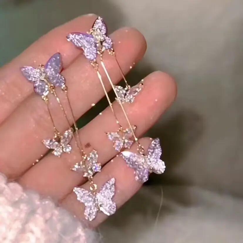 Purple Butterfly Tassel Earrings | Long Crystal Rhinestone Drop Dangle Earrings For Women - Wedding & Party Jewelry