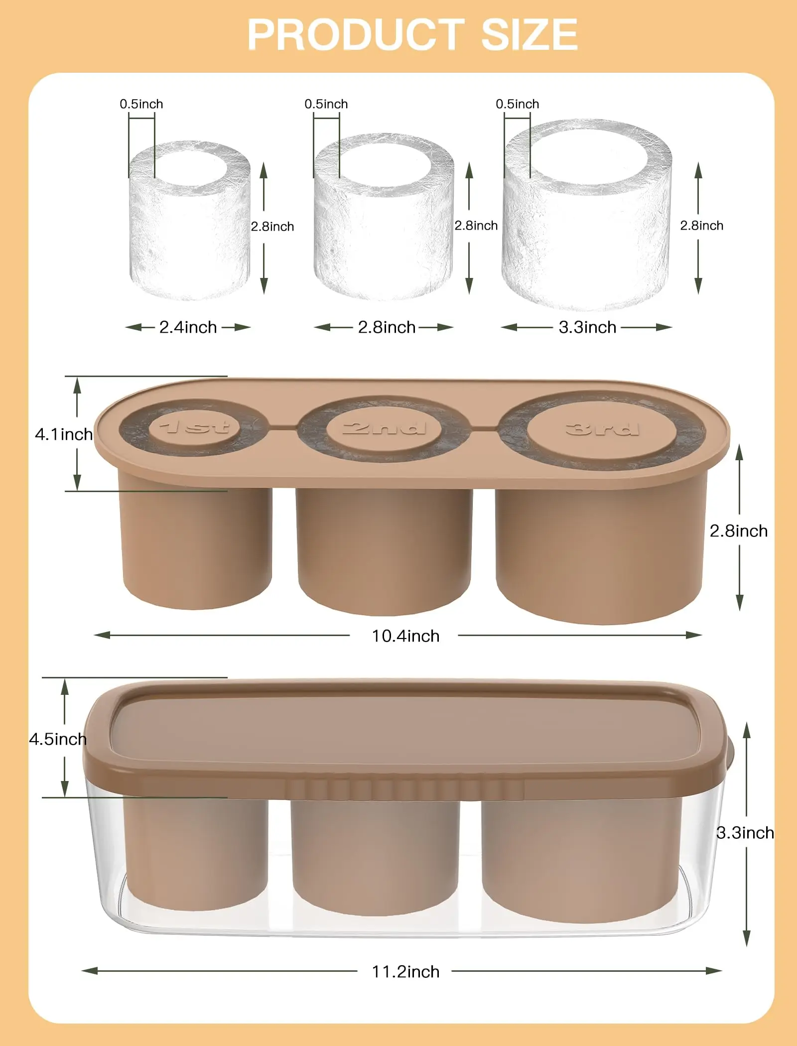 Ice Cube Tray for Tumbler Cup 3 Pcs Silicone Cylinder Ice Mold with Lid and Bin for Freezer Ice Drink Juice Whiskey Cocktail