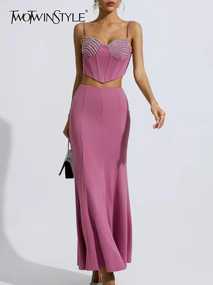 

TWOTWINSTYLE Solid Spliced Diamonds Two Piece Sets For Women Square Collar Sleeveless Vest High Waist Skirt Slim Set Female 2023