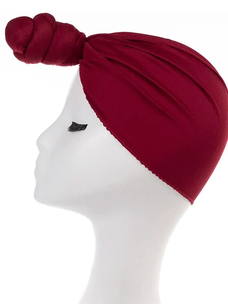 Fashion Women Elastic Knotted Turban Stretchy Beanies Hat Chemo Cap Head Wrap Muslim Headscarf Solid Color Hair Care