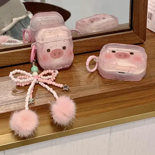 For AirPods 4 Pro 2nd Case Cute Cartoon Pink Pig Soft TPU Cover For AirPod 2 3 Wave Earphone Charging Box Beads Bow Keychain - Image 2