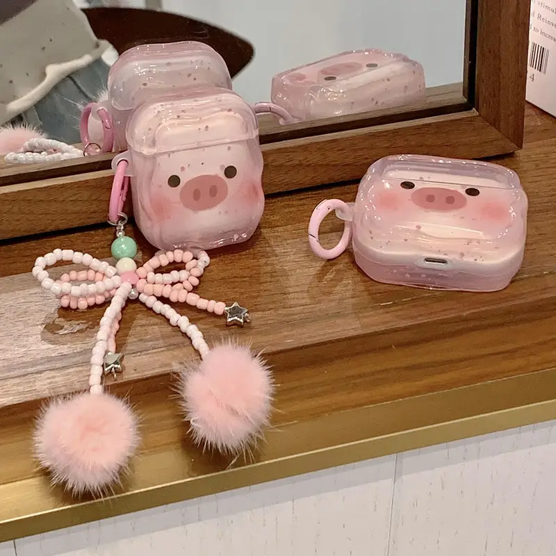 For AirPods 4 Pro 2nd Case Cute Cartoon Pink Pig Soft TPU Cover For AirPod 2 3 Wave Earphone Charging Box Beads Bow Keychain - Image 2