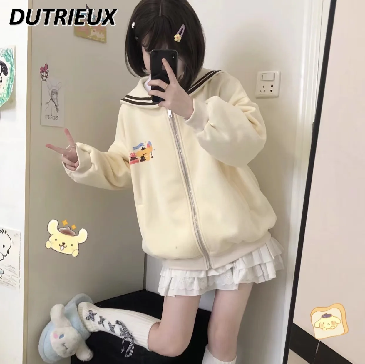 

Original Homemade Japanese Style Cute Sister Student Loose Sweatshirt Youthful-Looking Sailor Collar Long Sleeve Zip Up Hoodie