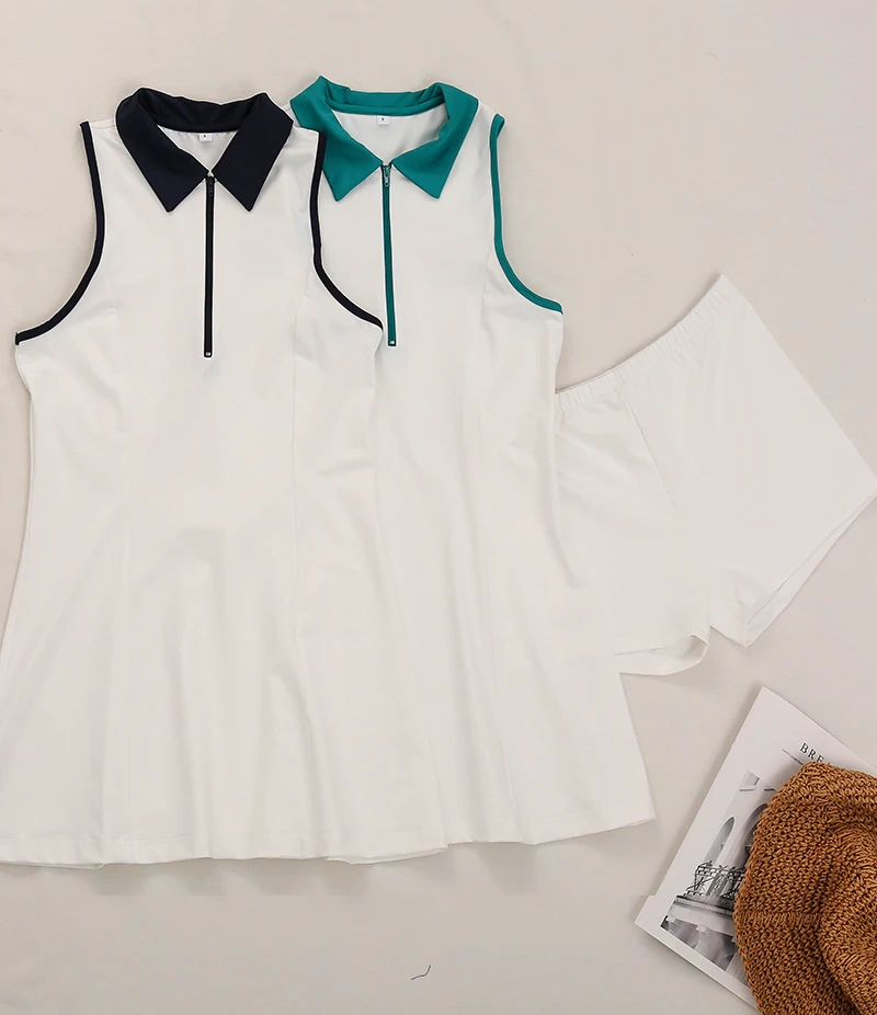 Women Sports Clothing Sean Tsing&reg; Sport Golf Tennis Dresses with Shorts Women Sleeveless Turn Down Collar Dress Badminton Workout Two Pieces Suits