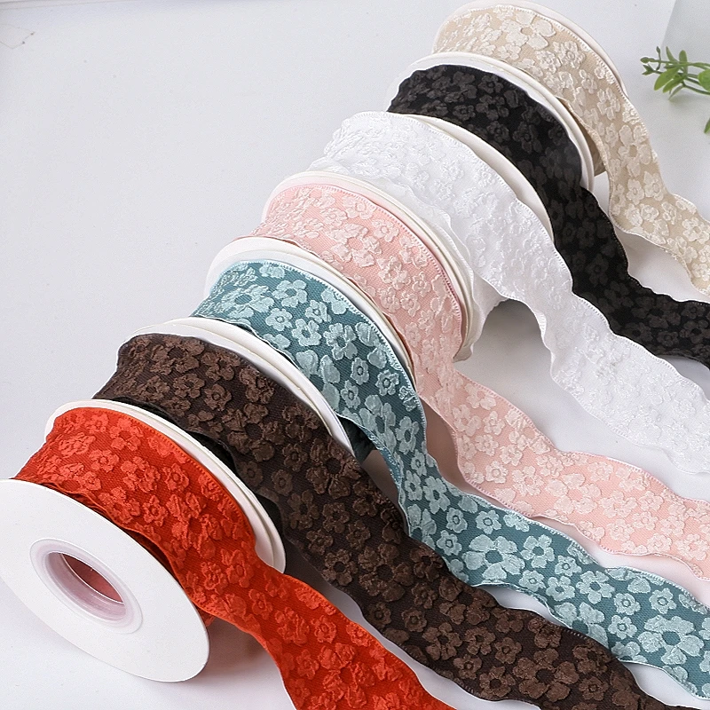 2.5/4cm 10 Yards Camellia Relief Flower Wave Ribbon for Gifts Wrapping Bouquets Bow Hair Ornaments DIY Crafts Wedding Decoration