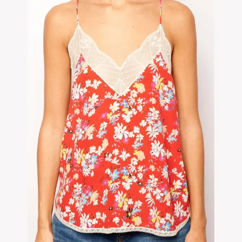 

2023 New Women Viscose Red Floral Camisole / Shirt / Skirt