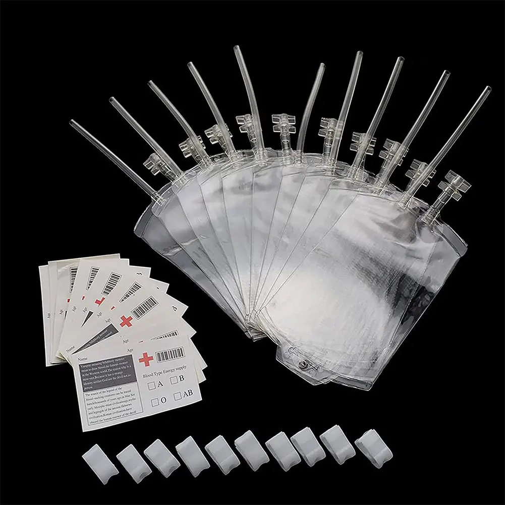 10PCS Blood Energy Drink Bags 350ML Halloween Blood IV Bags Party Drink Container Juice Pouch Prop Vampire Zombie Drinks Bags