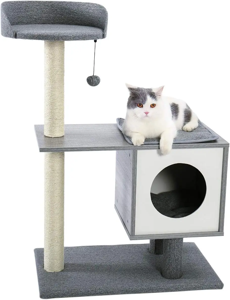 

Wood Cat Tree for Small and Large Cats, Modern Cat Tower with Removable Carpet Covered, Cute Cat Furniture Indoor with Scratchin