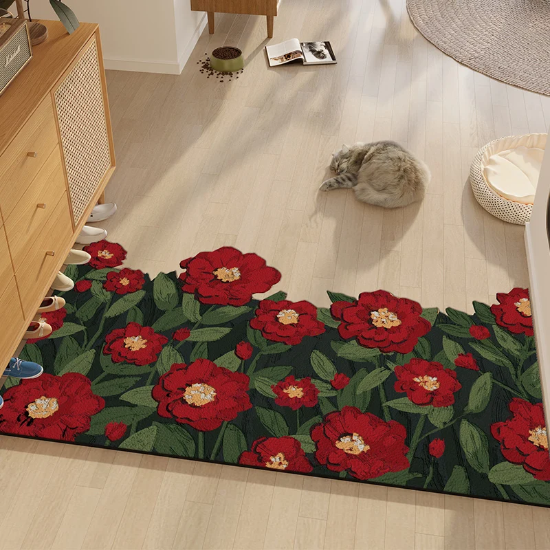 

Red Rose Flower Tulips Leather PVC Floor Mat Rug Doormat Carpet Bedroom Living Room Outdoor Non-slip Mat Gift Anime