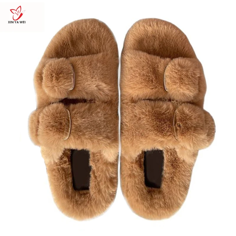 Winter Faux Fur Slippers Warm Fluffy Slippers Shoes For Women Indoor Floor Slides Flat Soft Furry Ladies Female Outdoor Slippers