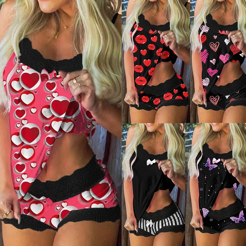 Women's Summer Butterfly Flowers Print Top + Shorts 2 Piece Set Sleeveless 3XL Plus Size Sleepwear Home Nightwear-women pajamas set,women pajama suit,cotton pajamas set