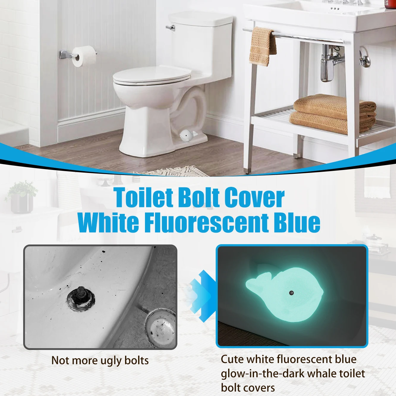MENNTY 2-Pack Toilet Bolt Covers, Glow-in-the-Dark Whale Toilet Bolt Covers, Caps for Bottom of Toilet, Cove