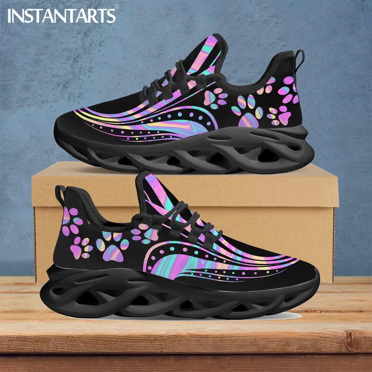INSTANTARTS Lovely Dog Footprint Pattern Mesh Sneakers for Women Gradient Color Design Femme Platform Shoes Casual Footwear 2023
