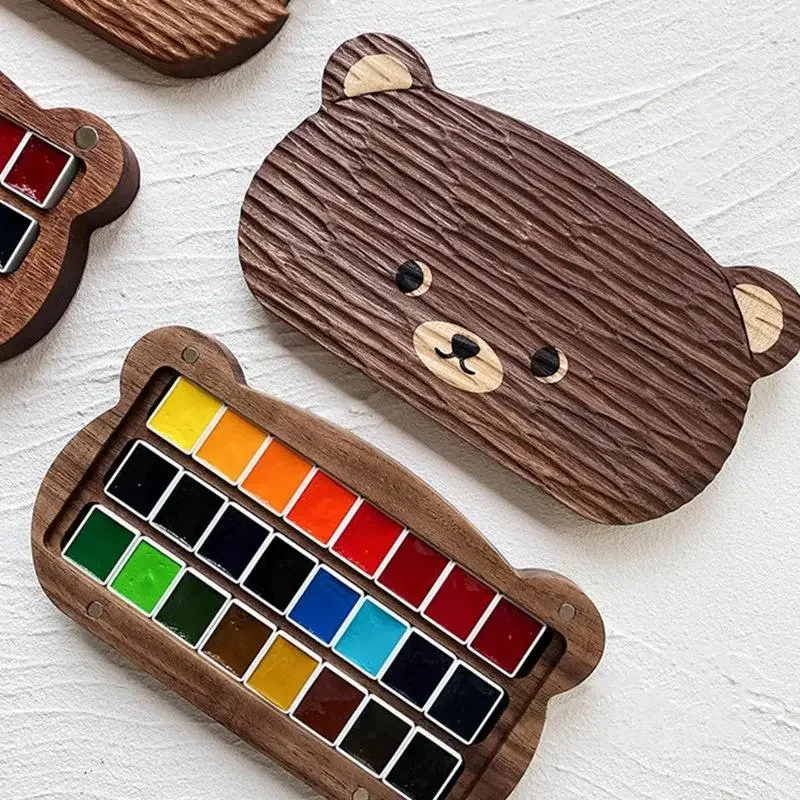 

Cute Bear Walnut/Sapele Wooden Empty Watercolor Paint Box With Half Pans Professional Paint Palette Tray For Painting Art