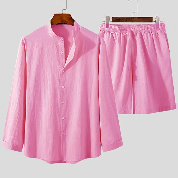 2023 Spring and Summer Simple Sleeve Sleeve and Shorts Set Loose Cotton Mainer Men's Multinar -colored Two Pieces