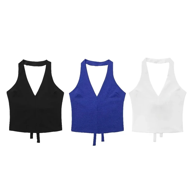 

2023 Summer New Sexy Backless Bow Decoration Halter Neck Short Camisole Top