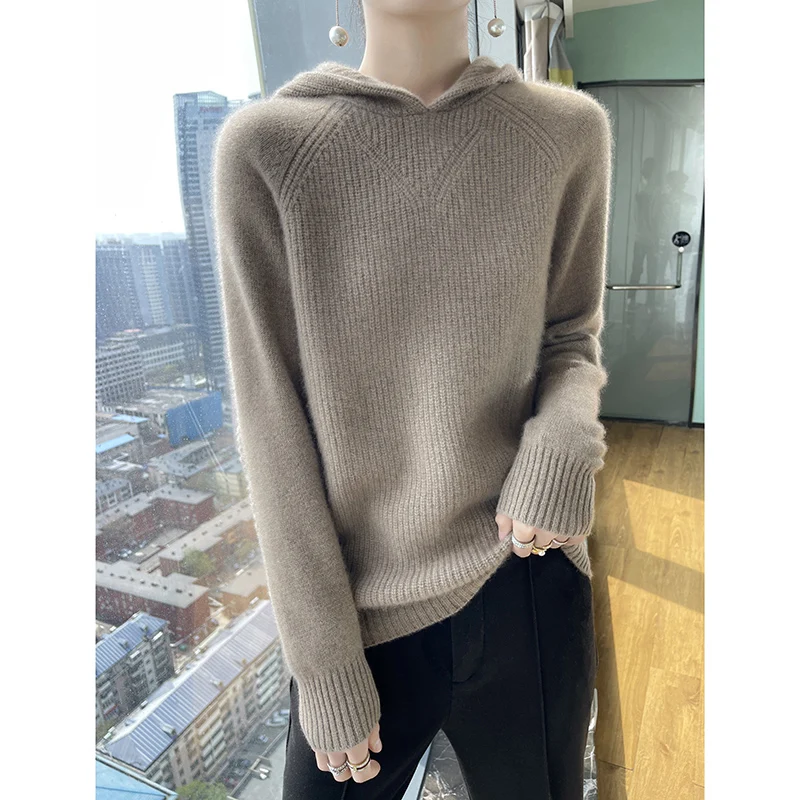여성용 순수 캐시미어 후디, 단색 니트 스웨터, 루즈 모직 후디, 캐주얼 스웨터, 가을 및 겨울 신상