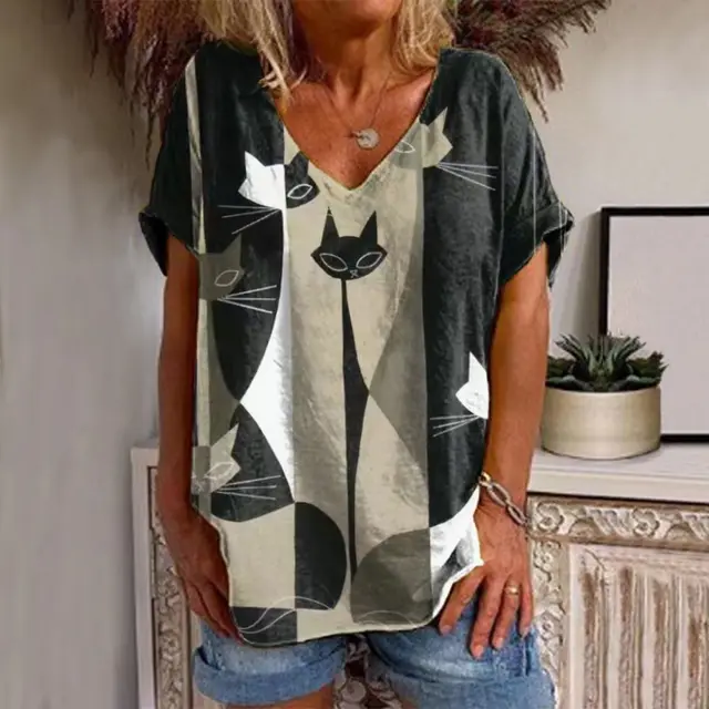 Upgrade your summer wardrobe with the trendy and affordable Summer Casual V-neck T-shirt Womens Cat Print Shirt Top.
