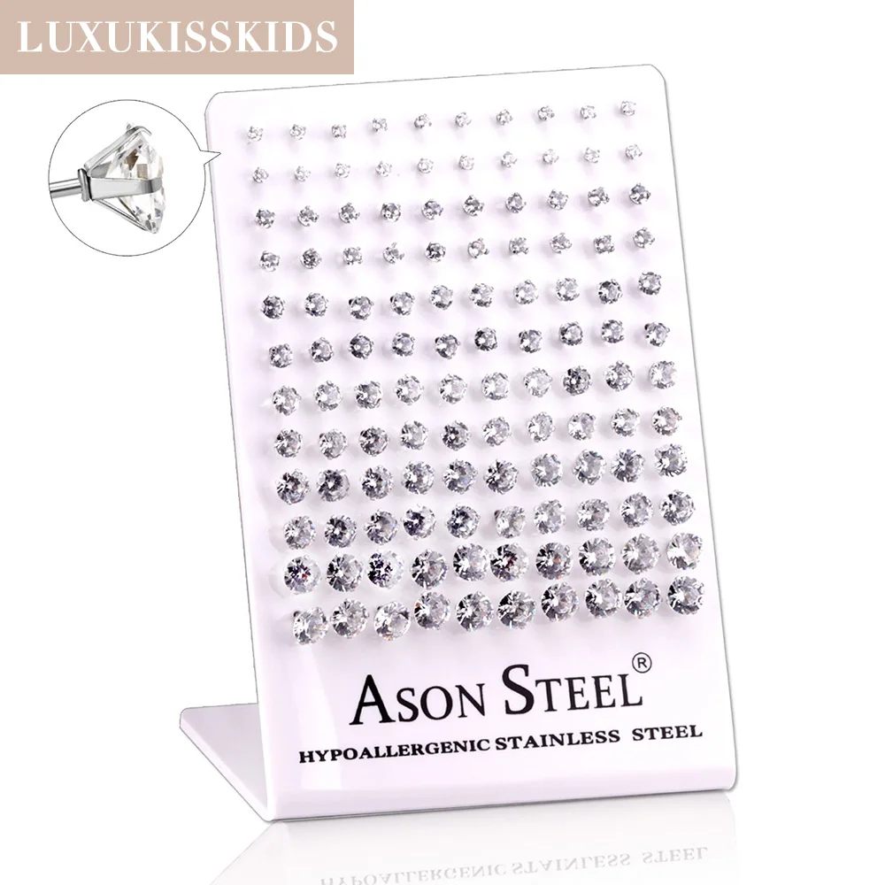 LUXUKISSKIDS 4 Claw AAA Shiny Clearly White Round CZ 60pairs Stud Earrings Set Stainless Steel Brincos Wholesale Jewelry In Bulk 3