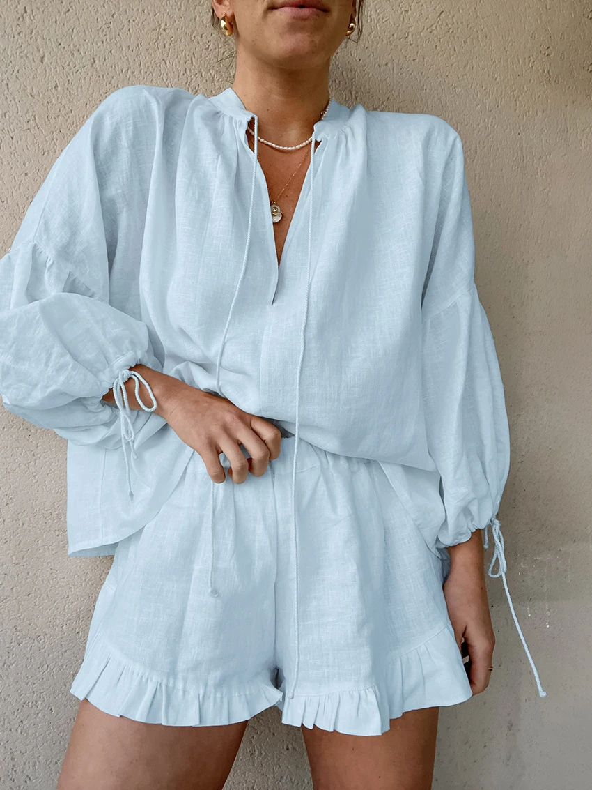 Marthaqiqi Cotton Ladies Nightgowns Set Long Sleeve Nightwear Sexy O-Neck Sleepwear Ruffle Edge Shorts Casual Women Pajamas Suit