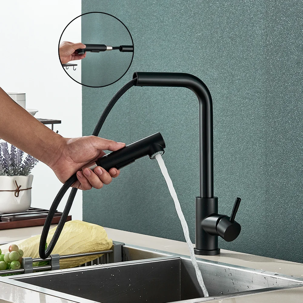 Free Shipping Brushed Pull Out Kitchen Sink Faucet Two Model Stream Sprayer Nozzle Stainless Steel Hot Cold Water Mixer Tap Deck pull out   kitchen faucet hot cold mixer water tap 2 model rotatable retractable 304 stainless steel wash basin sink faucets