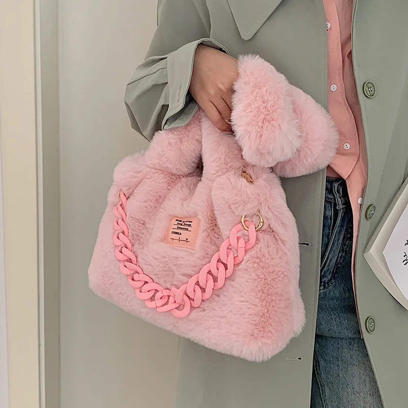 

Winter Trend Chain Tote Bags for Women Designer Fashion Small Soft Faux Fur Kawaii Handbags Shoulder BagsShopper bag