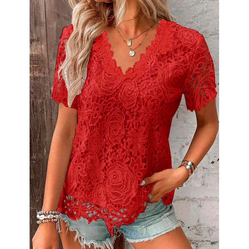 Summer New Blouse V-neck Elegant Lace Women's Casual Top Short Sleeved Flower Embroidered T-shirt 328