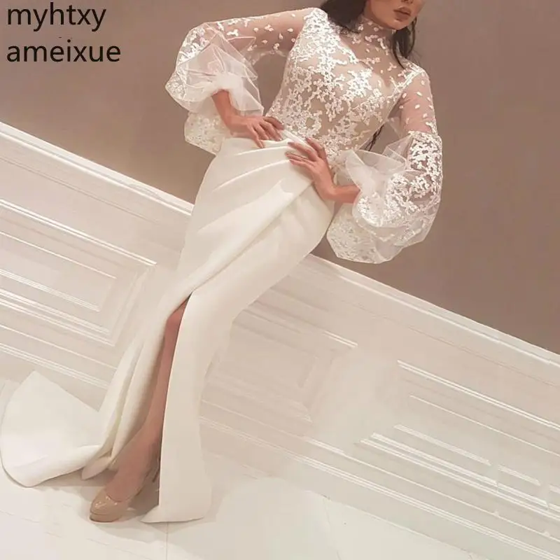 

New Plus Size High Neck Long Sleeve White Evening Dresses 2023 Slit Sexy Muslim Dress Dubai Kaftan Gowns Robe De Soiree