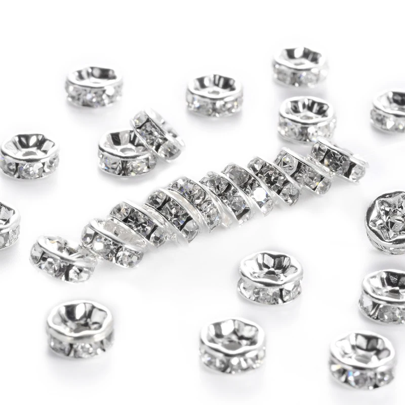 8MM Diameter Rhinestone Spacer Beads,Crystal Diamond,Brass,Silver