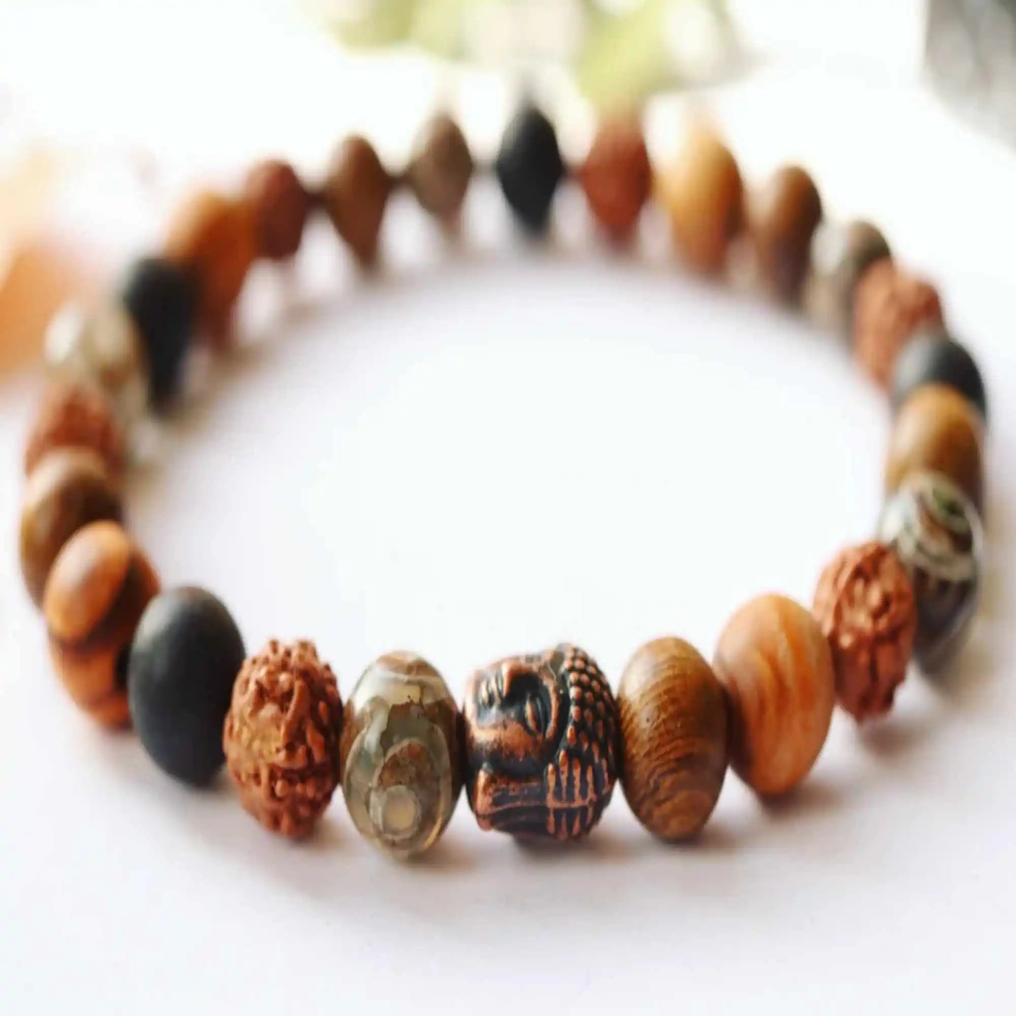 

8mm Rudraksha Tibetan dZi Agate Copper Buddha Sandalwood Bracelet Fancy Diy Emotional Beaded Dark Matter Glowing Chain Practice