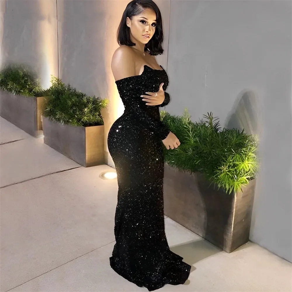 

Black Sequin Mermaid Boat Neck Evening Dress For Wedding Sexy High Side Slit Off Shoulder Pleats Celebrity Party Gowns No Gloves